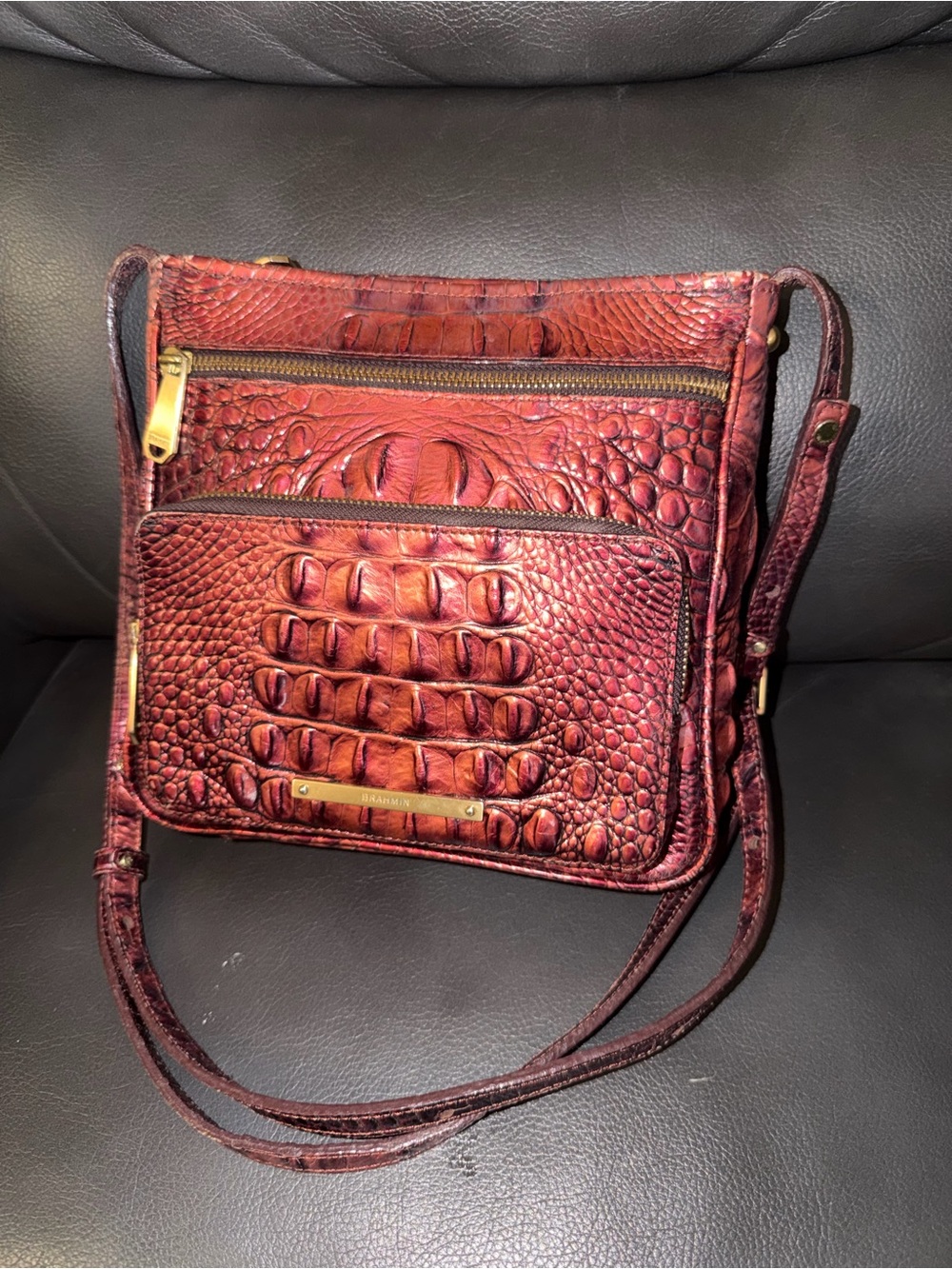 Brahmin Cleo Crossbody Bag Made From Pecan Brown Croc-Embossed Leather